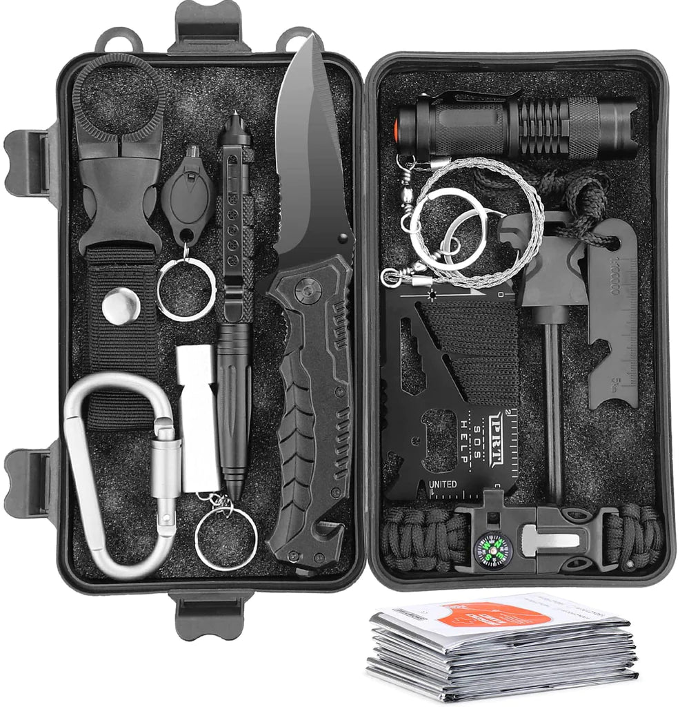 Survival set complete - survival tools for outdoors including paracord, lamp, whistle, fire steel