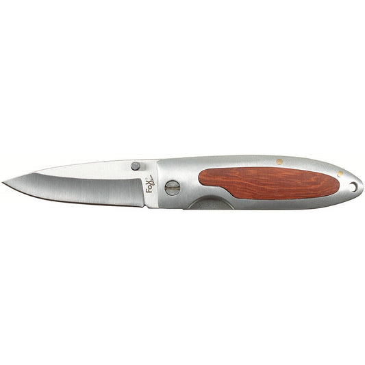Folding knife, one-handed, silver, wood inlay