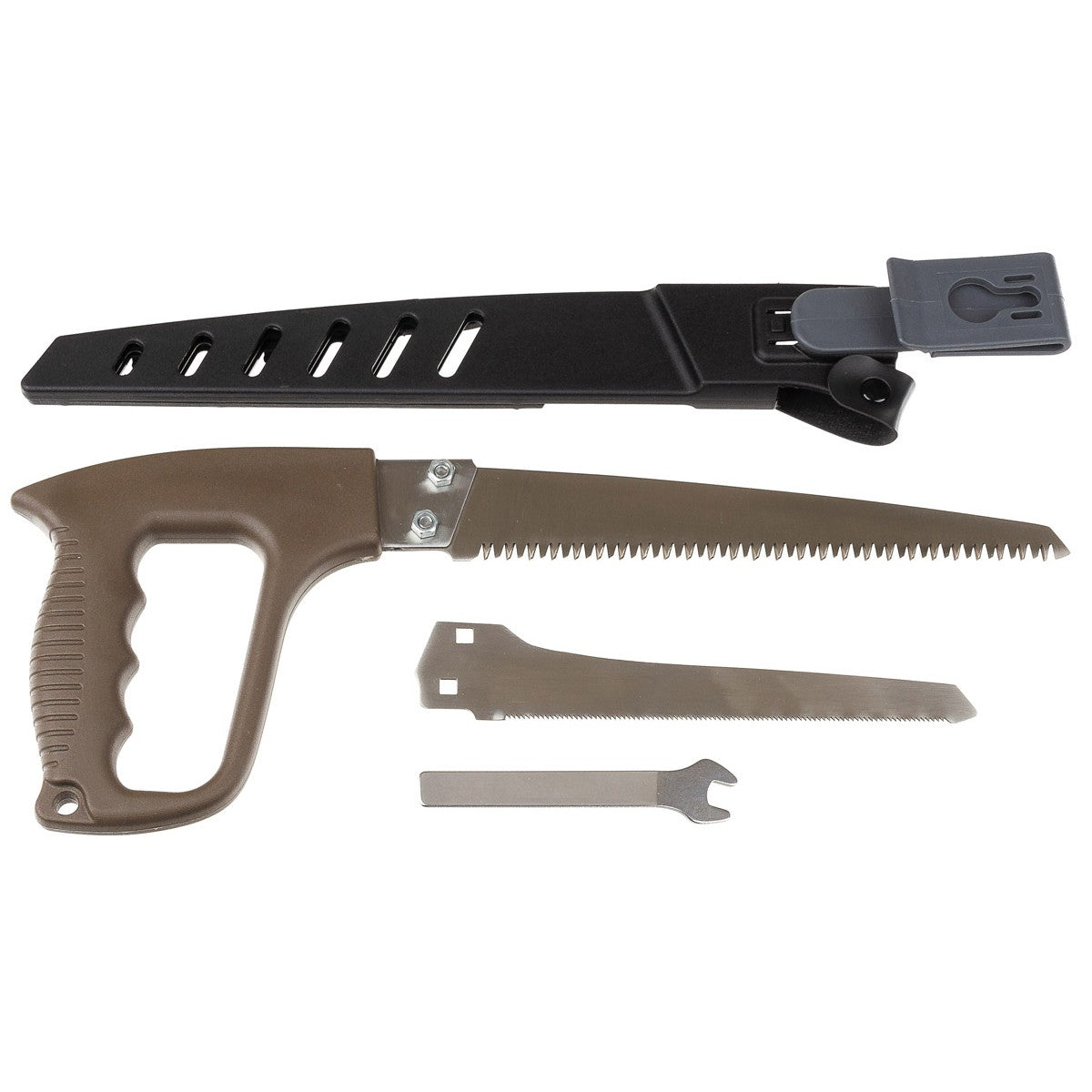 Hand saw, 2 saw blades, sheath with belt clip