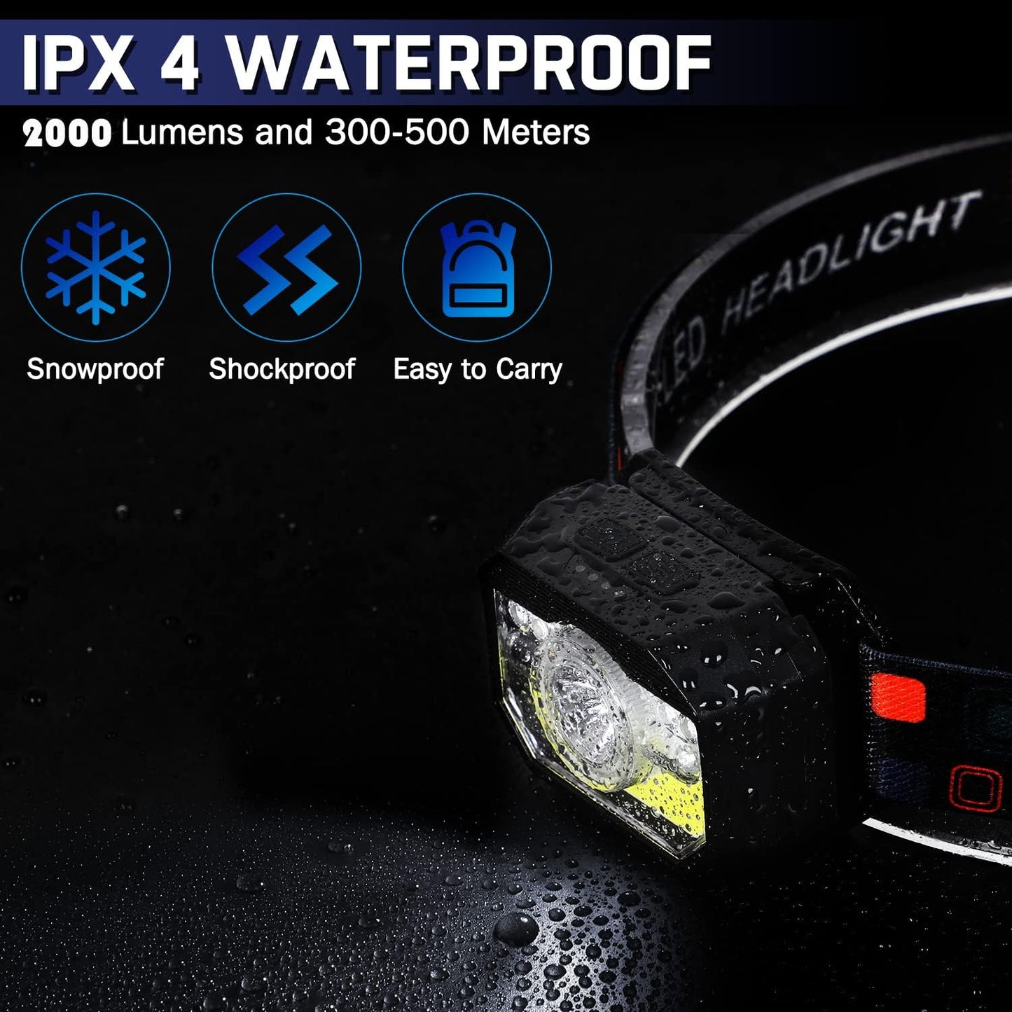 2-pack rechargeable LED headlamp, 2000 lumens with 11 modes and sensor, IPX4 waterproof