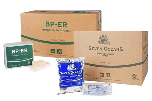 מזון חירום BP ER 24x500 גרם עם מי חירום של Seven Oceans