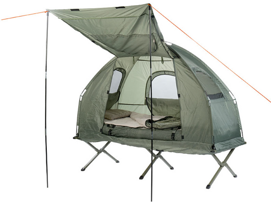 אוהל 4 ב-1 כולל מיטת מחנה, שק שינה לחורף, מזרון והגנה מהשמש - היערכות לשעת חירום - אוהל חירום - ציוד מחנאות/מחנאות