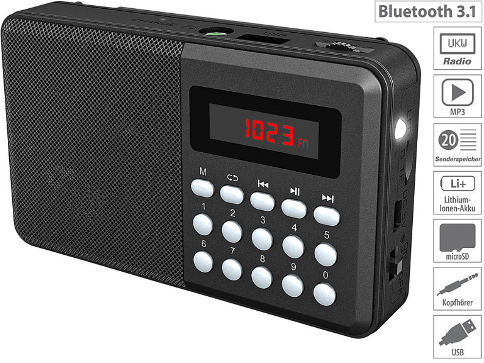 Radio/emergency radio - antenna radio - Bluetooth function - speaker box - music box - emergency radio - emergency reception - MP3 player - USB, microSD - battery - antenna - mini radio - camping radio/camping box