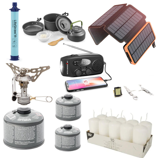חבילת הפסקת חשמל פרימיום Blackout ערכת - עם כיריים גז, ערכת בישול, סכו"ם, בנק חשמל סולארי, מסנן מים, נרות ועוד הרבה יותר