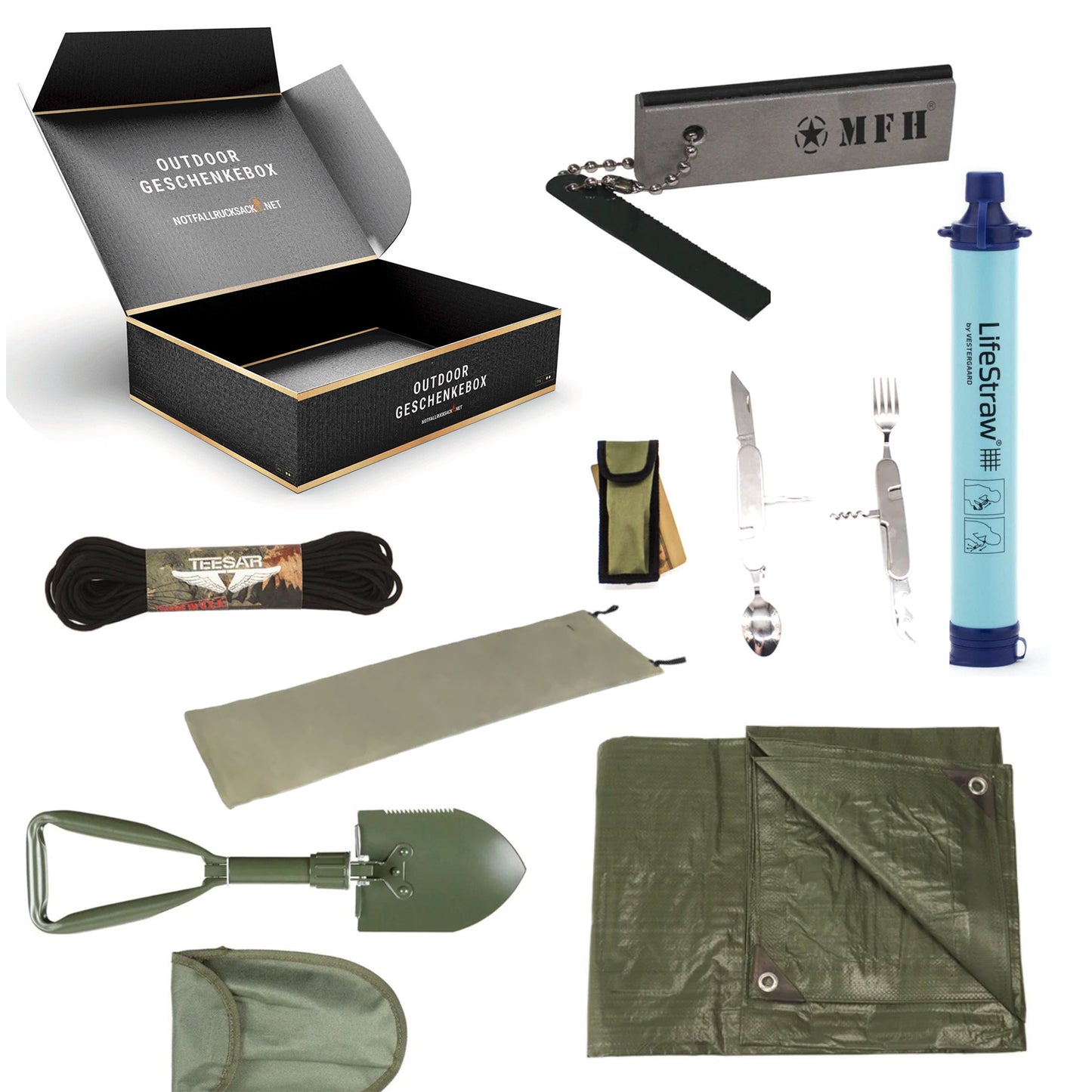 Outdoor gift box Premium - Outdoor Challenge incl. sleeping mat, paracord and tarp